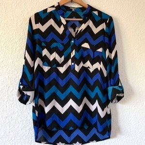 Blue and White Chevron Blouse Rolled Up Sleeves